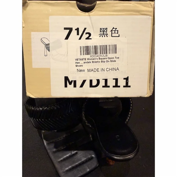 Vetaste Womens Slide Sandals Black Woven Square Toe Stiletto Heels 7.5 Box - Picture 6 of 6